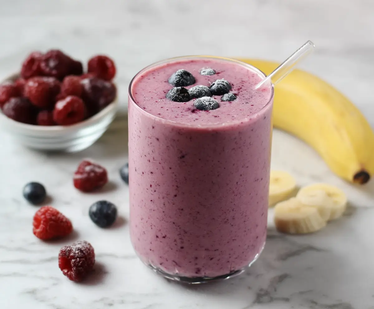 Refreshing Berry Banana Smoothie in a glass, topped with fresh berries and banana slices