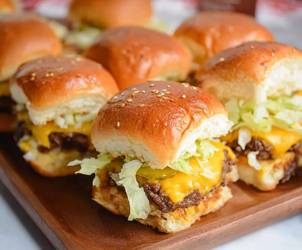 Delicious Big Mac Cheeseburger Sliders with layers of beef, cheese, and special sauce.