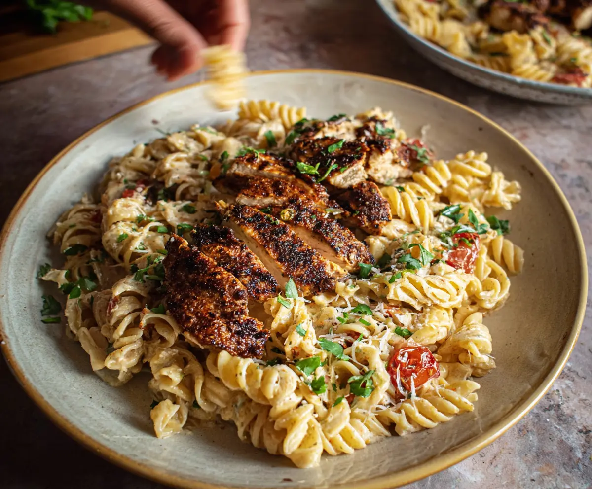 Creamy blackened chicken pasta dish with spices and fresh herbs.