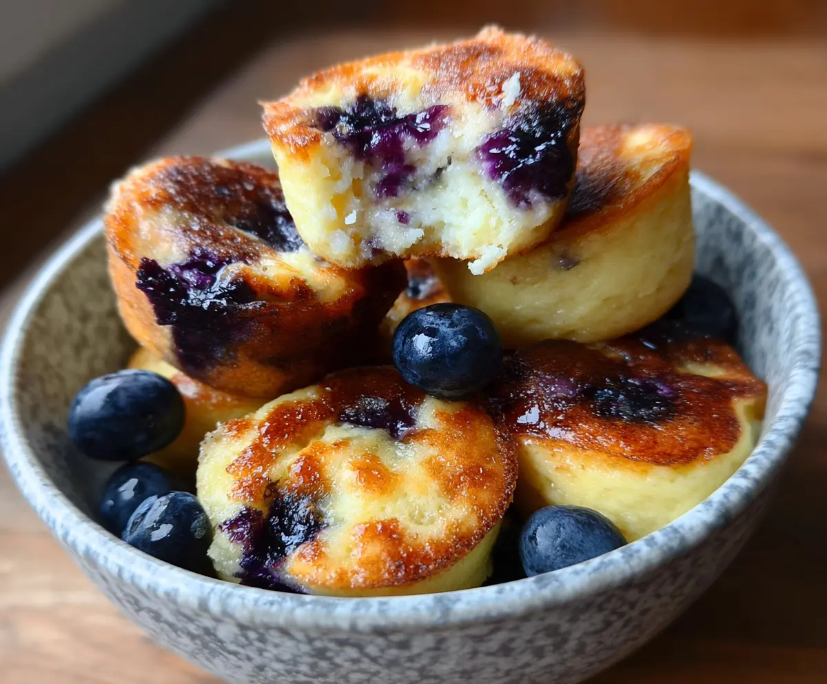 Delicious Blueberry Cottage Cheese Pancake Bites on a white plate with fresh blueberries and mint garnish.