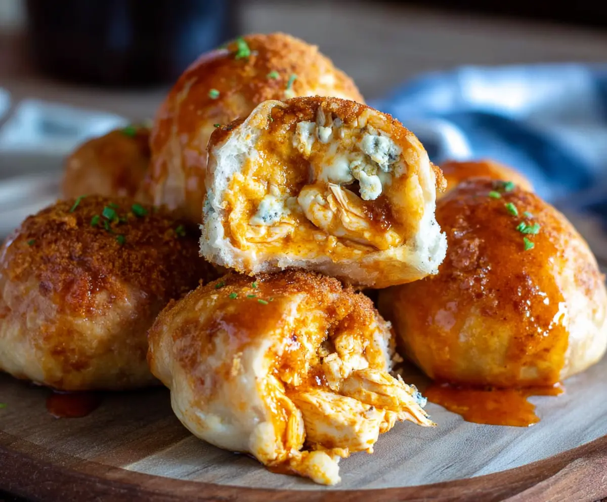 Delicious Buffalo Chicken Bombs filled with spicy chicken and melted cheese on a plate.