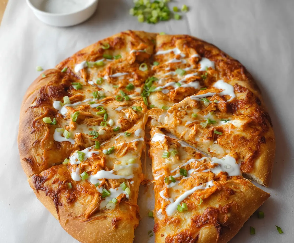 Delicious Buffalo Chicken Pizza topped with spicy buffalo sauce and melted cheese.