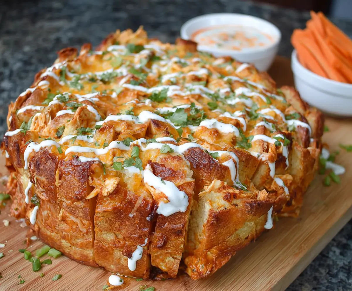 Delicious Buffalo Chicken Pull Apart Bread with melted cheese and spicy buffalo sauce.