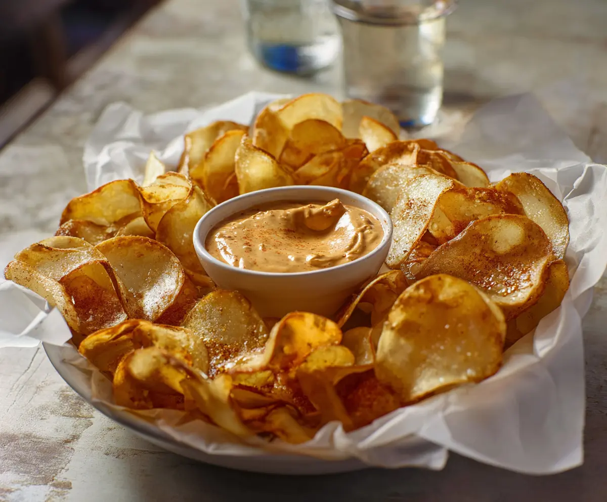 Golden Buffalo Chips with spicy Louisiana Hot Dip served on a white plate.