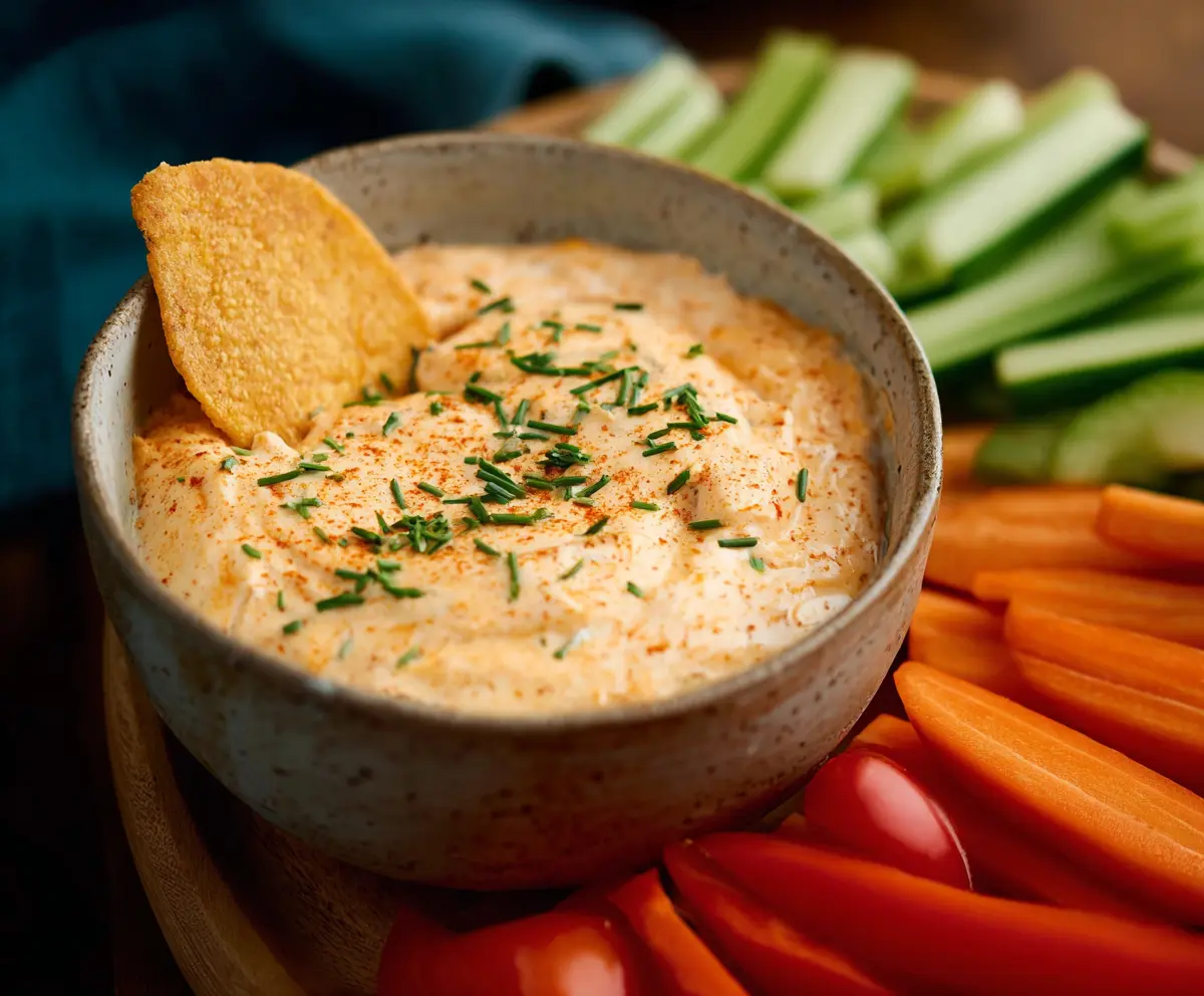Creamy Buffalo Ranch Dip served in a bowl with fresh celery and carrot sticks for dipping.