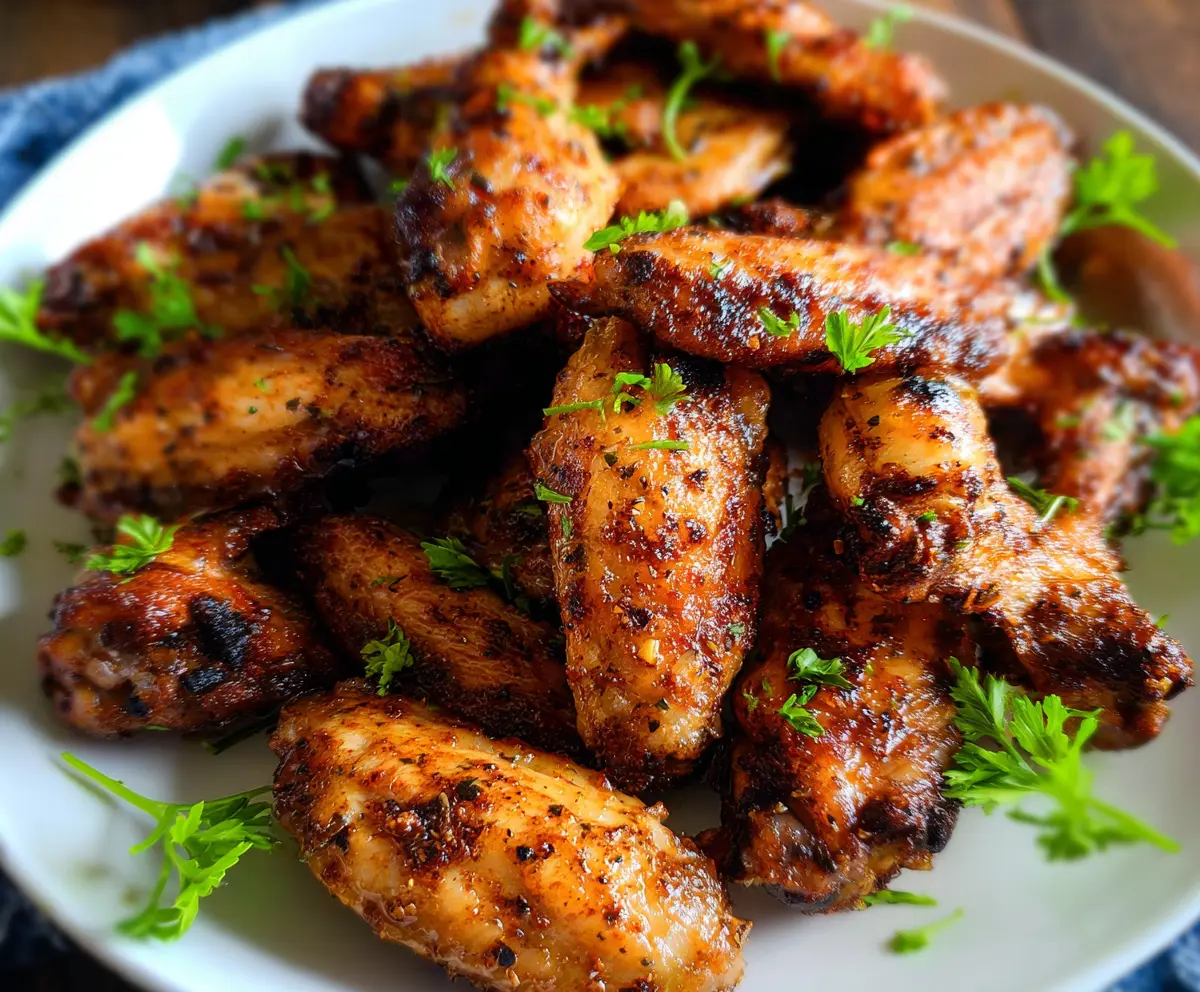 Juicy Cajun garlic chicken wings garnished with fresh herbs, perfect for any barbecue or appetizer platter.