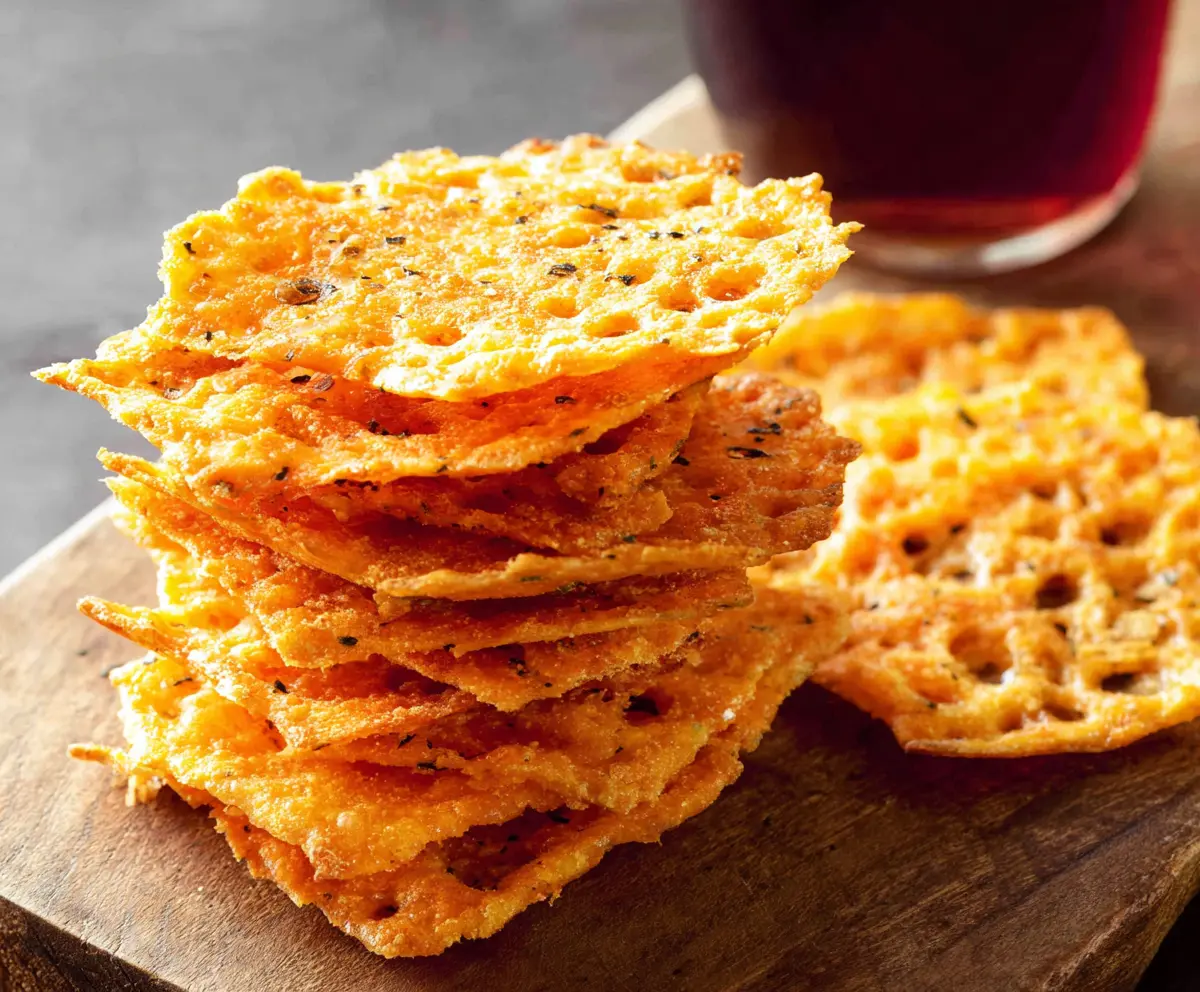Crunchy cheddar cheese crisps with golden-brown edges, perfect as snacks or appetizers.