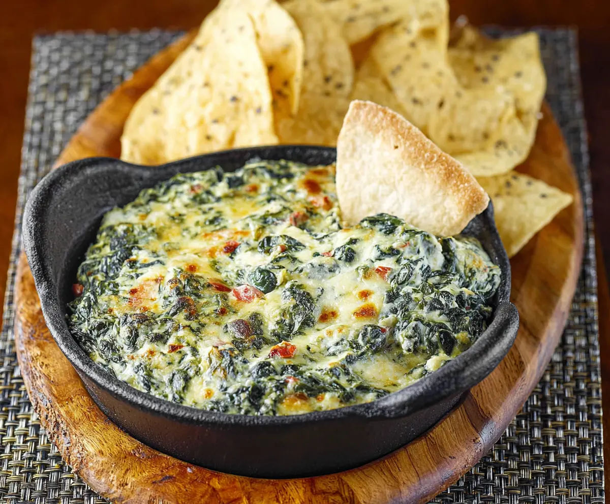 Delicious Cheddars Santa Fe Spinach Dip served in a bowl with fresh vegetables for dipping.
