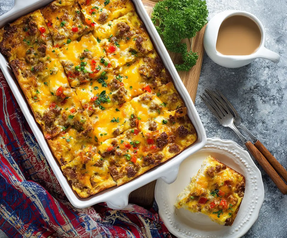 Delicious cheesy sausage breakfast casserole with golden melted cheese and savory sausage pieces.