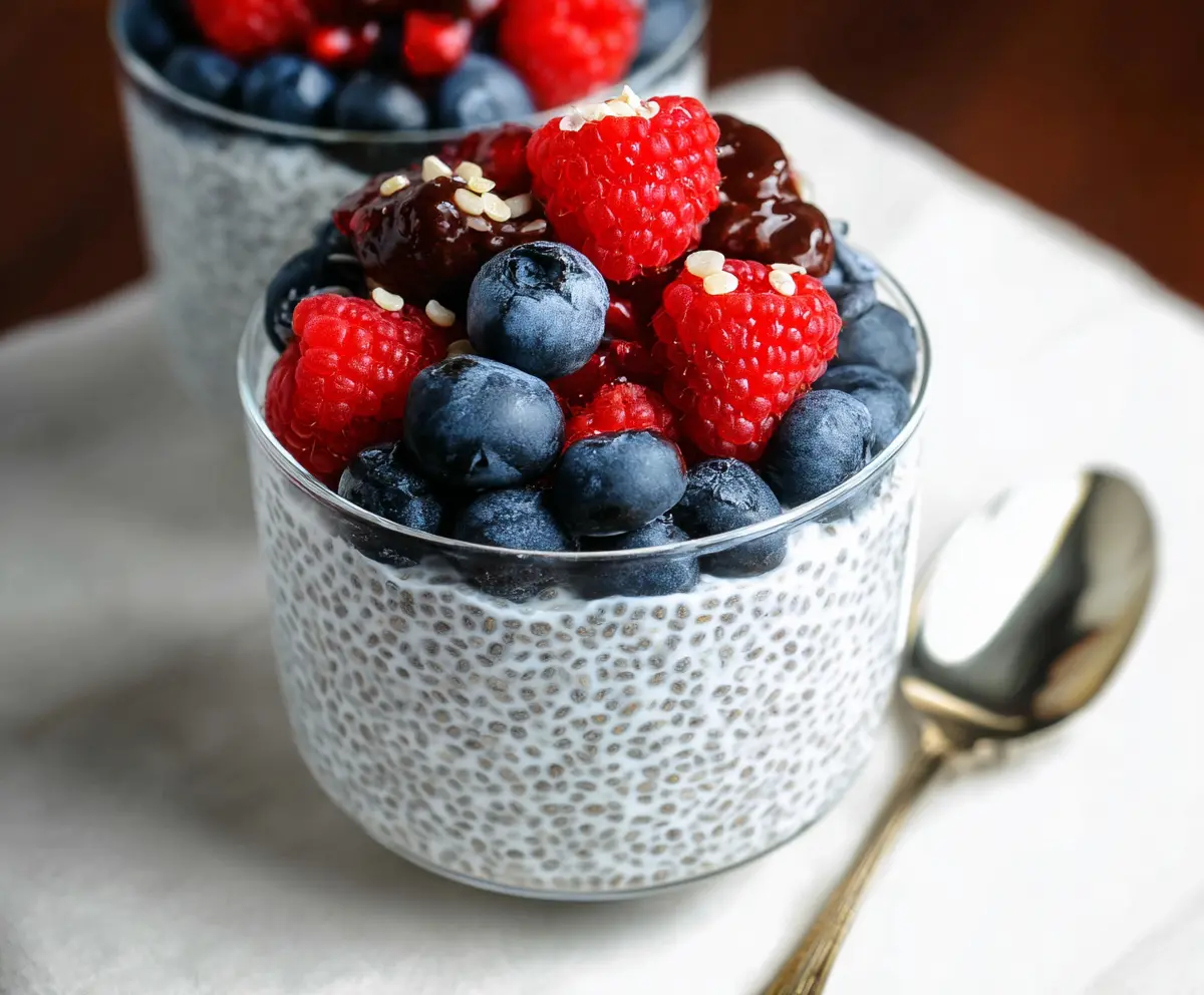 Delicious chia pudding topped with fresh fruits and honey in a glass bowl