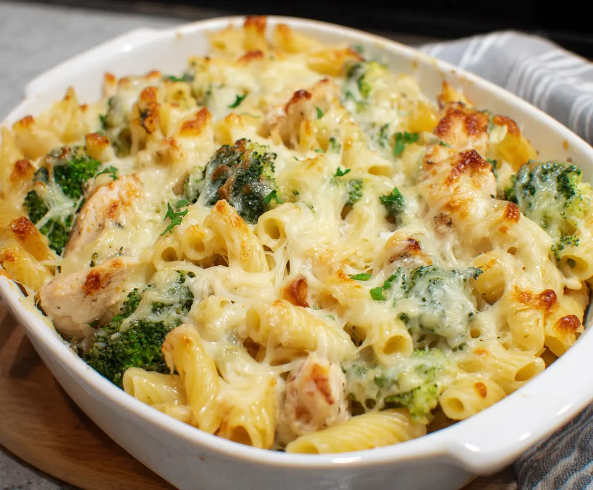Delicious chicken and broccoli pasta bake in a baking dish, garnished with melted cheese and herbs.