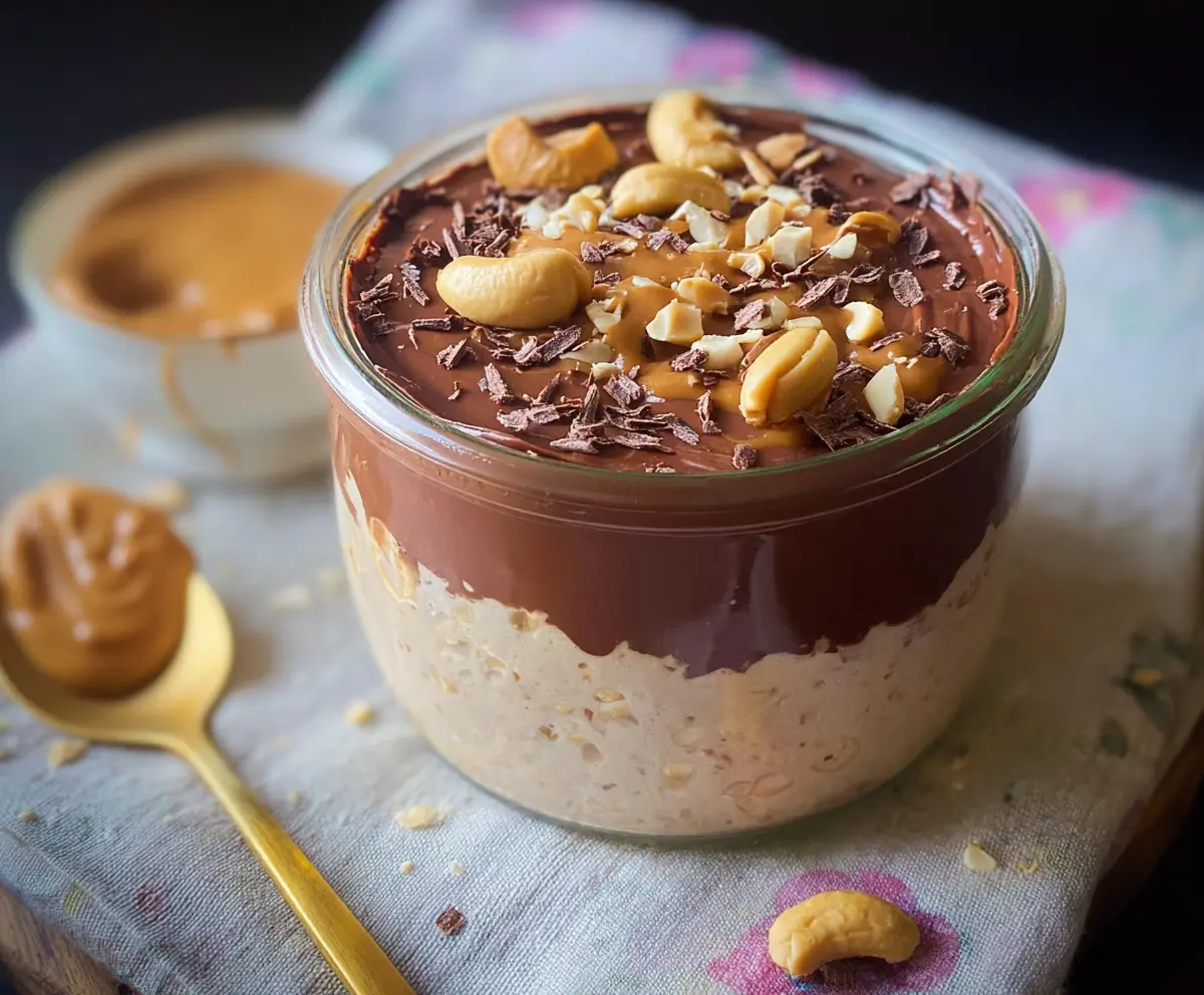 Creamy chocolate peanut butter cottage cheese dish with whipped topping and chopped nuts