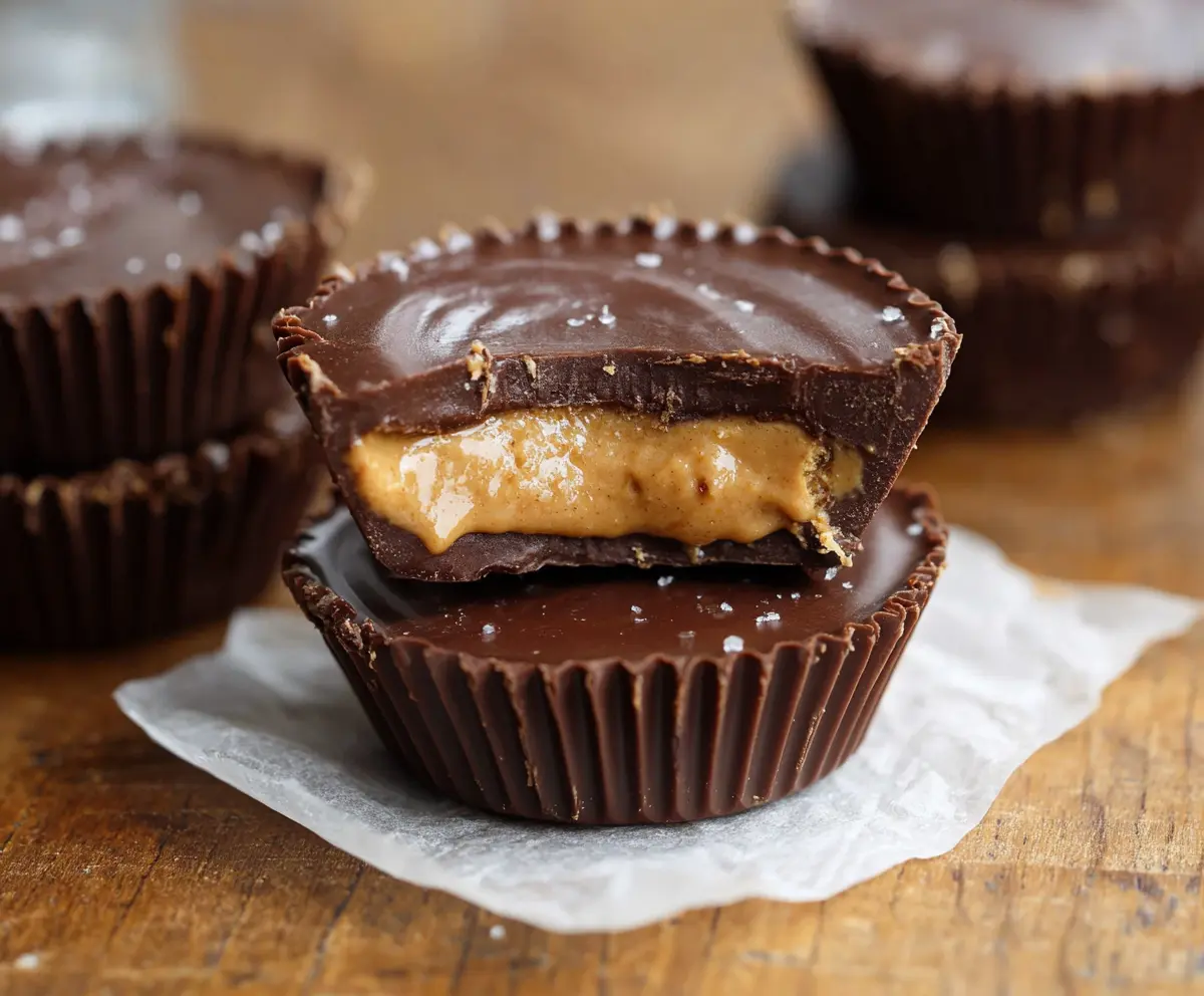 Delicious homemade chocolate peanut butter cups with smooth peanut butter filling and glossy chocolate coating.
