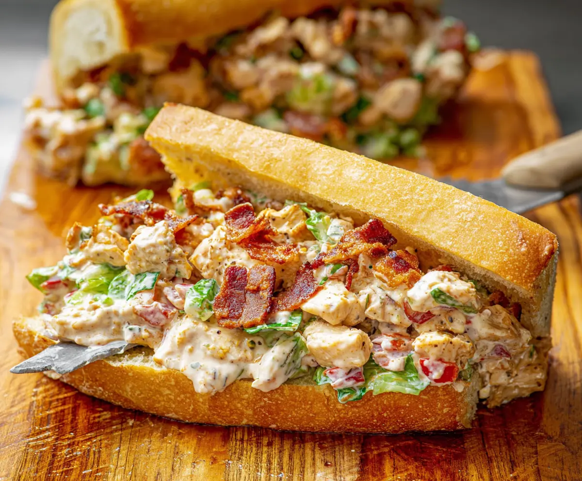 Close-up of a chopped chicken bacon ranch sandwich showcasing fresh ingredients and crispy bacon slices.