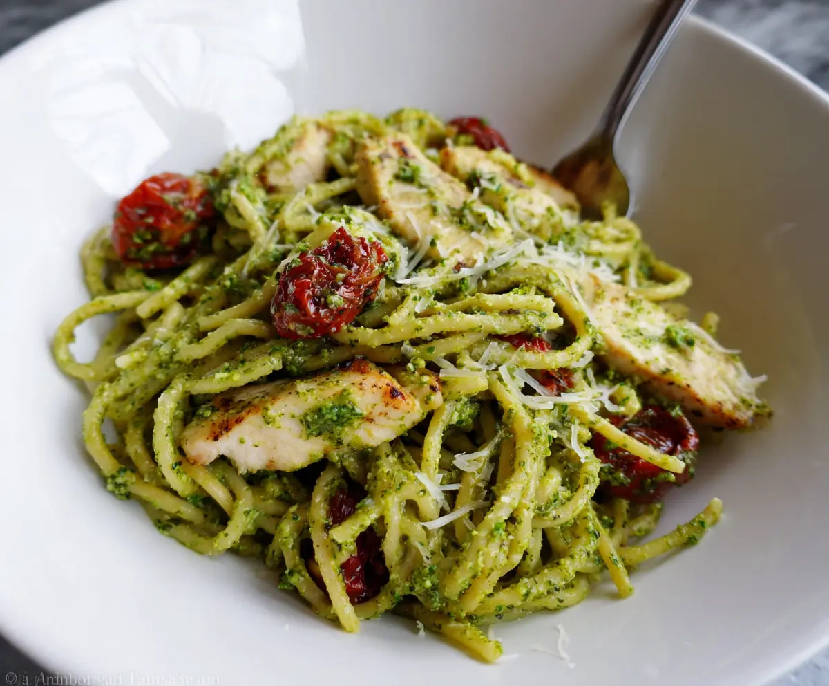 Delicious Cilantro Chicken and Pesto Pasta served on a plate with fresh herbs