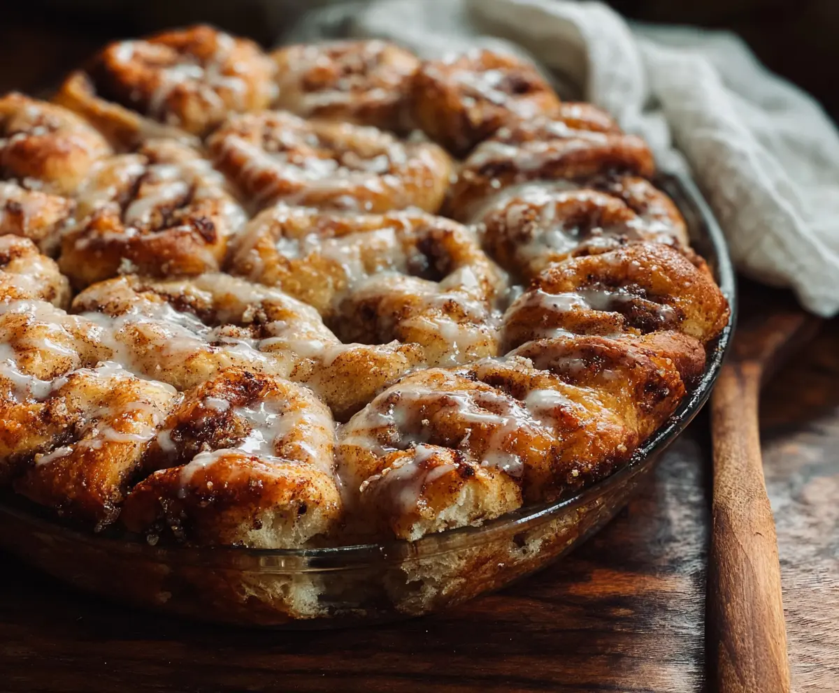 Delicious cinnamon roll sourdough focaccia topped with cinnamon and glaze in a baking dish.