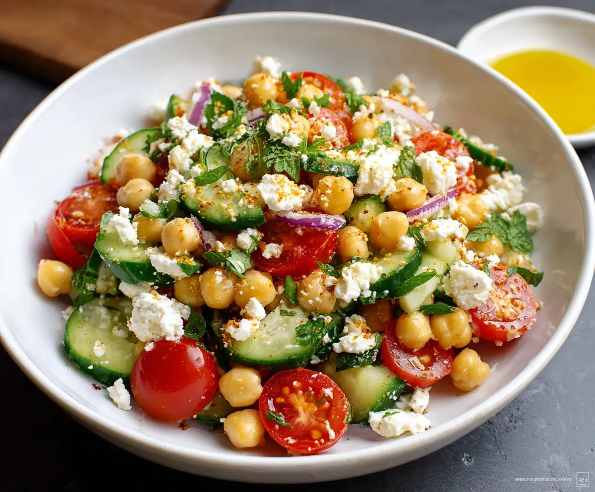 Fresh cottage cheese and chickpea salad garnished with herbs on a white plate.