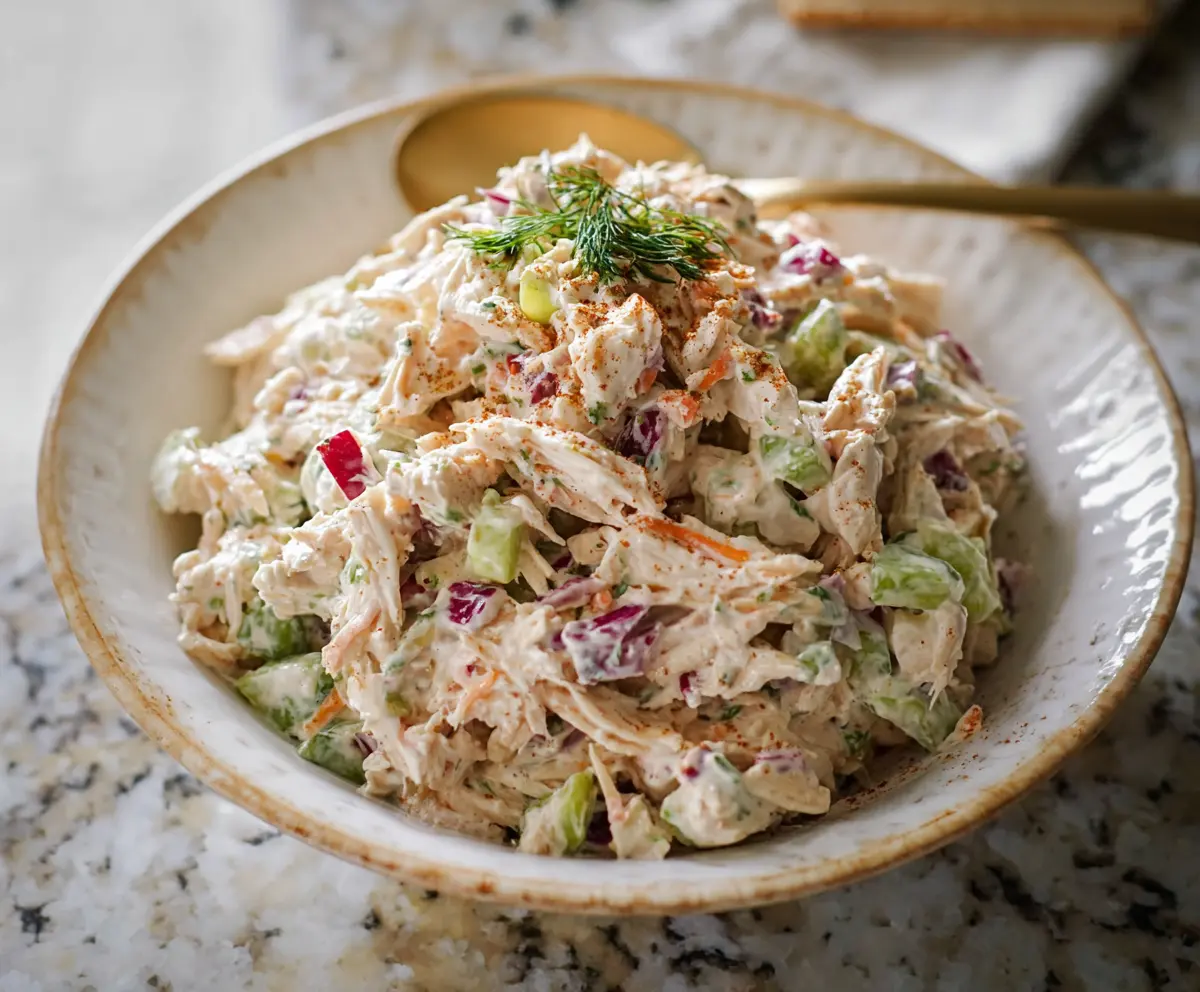 Creamy cottage cheese chicken salad with fresh herbs and vegetables, perfect for a healthy meal.