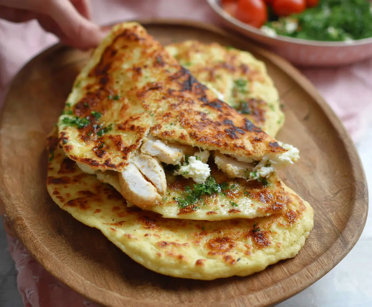 Delicious homemade cottage cheese flatbread garnished with herbs on a rustic wooden table.