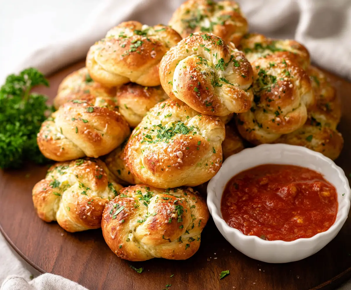Delicious cottage cheese garlic knots fresh out of the oven, golden and topped with herbs.