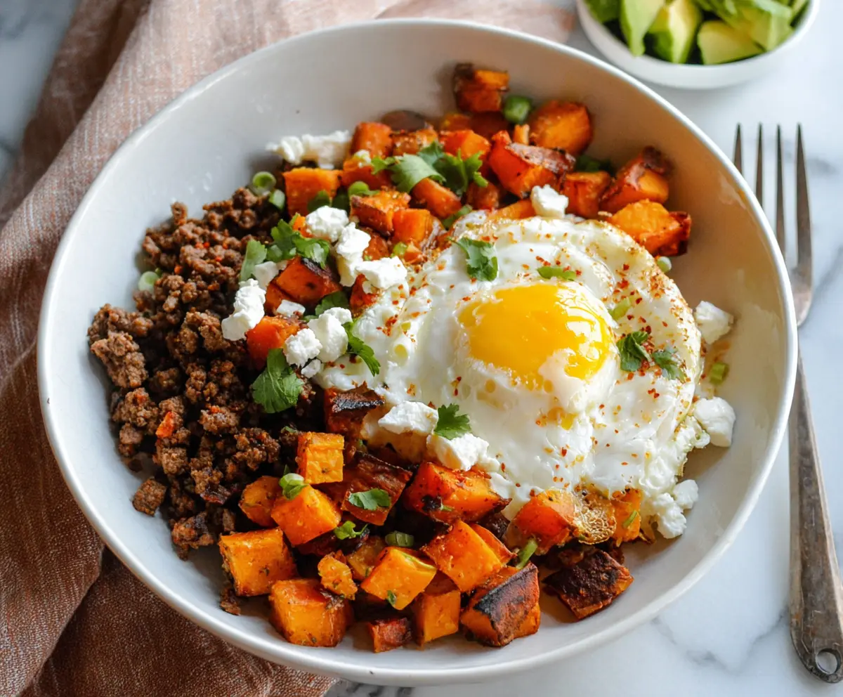 Delicious cottage cheese, sweet potato, and beef dish served on a plate.
