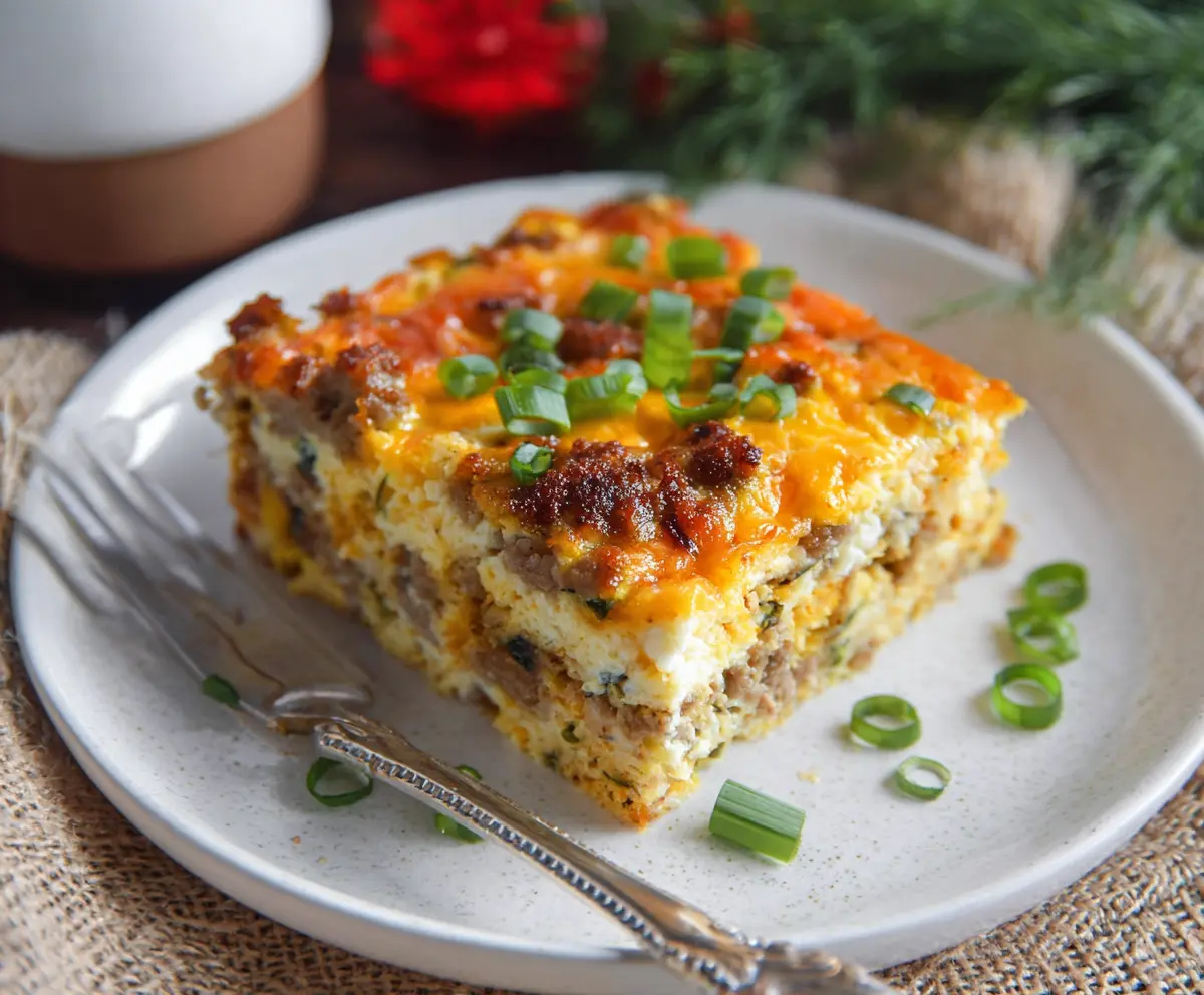 Delicious cottage cheese and turkey sausage breakfast casserole garnished with fresh herbs.