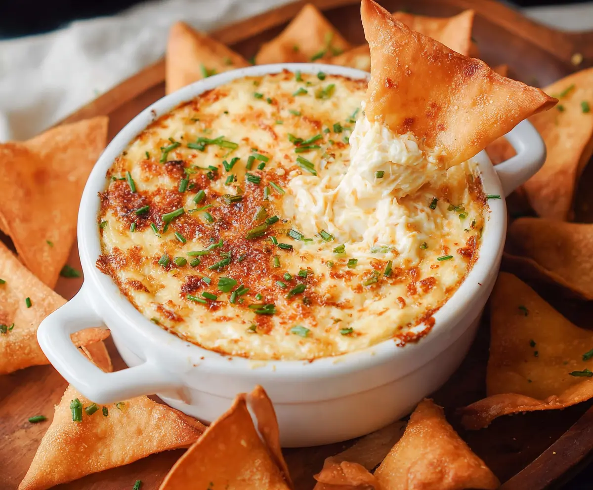 Creamy Crab Rangoon Dip served with crispy wonton chips, perfect for appetizer gatherings.