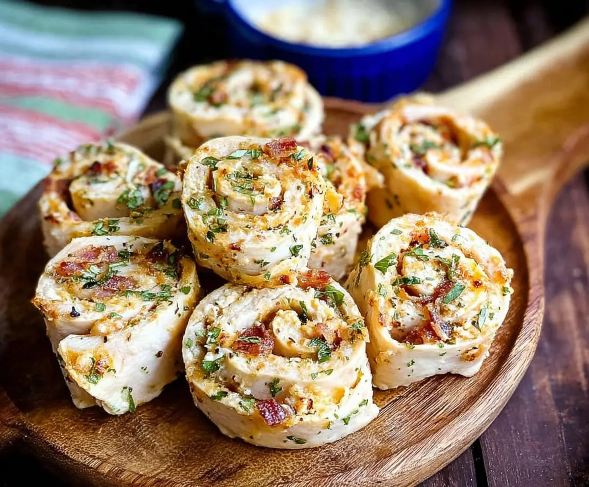Delicious Crack Chicken Pinwheels with cheesy, crispy exterior and savory filling on a serving plate