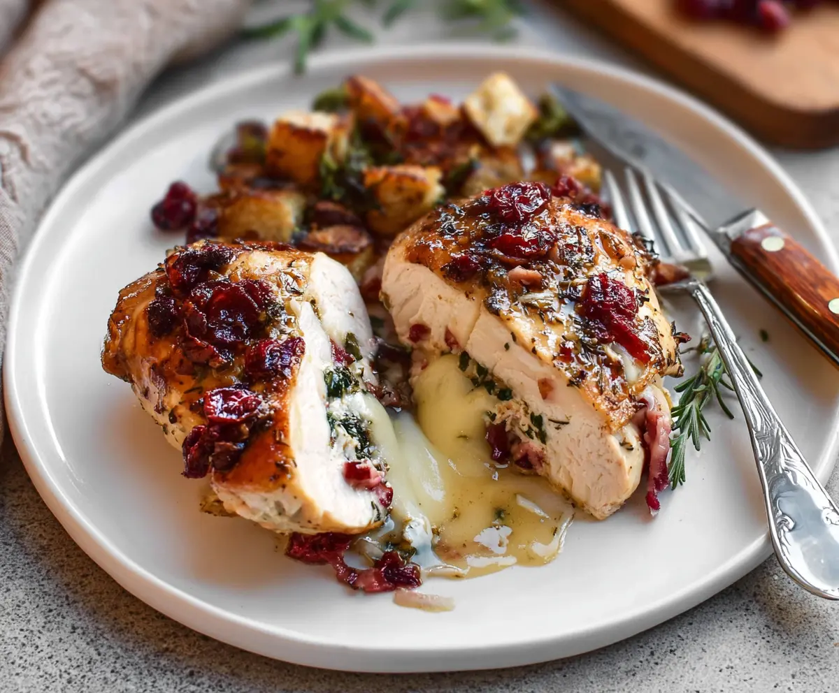 Delicious Cranberry Brie Stuffed Chicken breast garnished with fresh herbs on a white plate.
