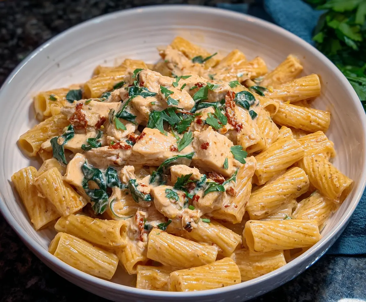 Delicious creamy chicken rigatoni pasta dish with tender chicken and rich sauce on a plate.