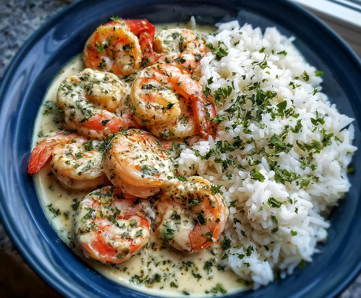 Creamy garlic butter shrimp served in a bowl with herb rice and fresh herbs