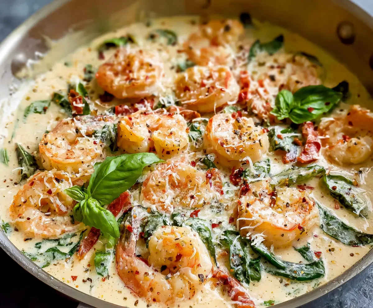 Creamy Parmesan Basil Shrimp served on a white plate, garnished with fresh basil leaves and grated Parmesan cheese.