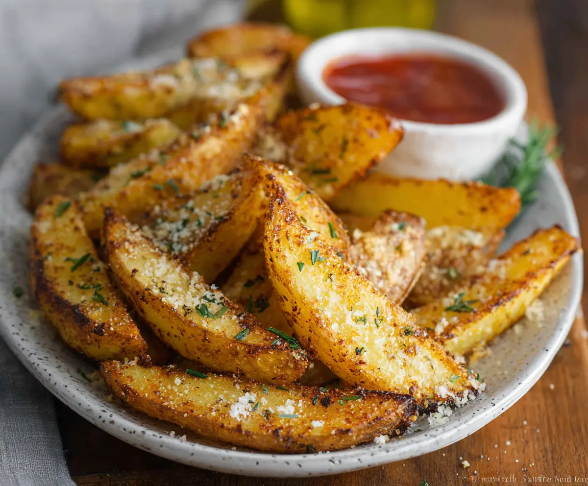 Golden crispy seasoned potato wedges served with a side of ketchup.