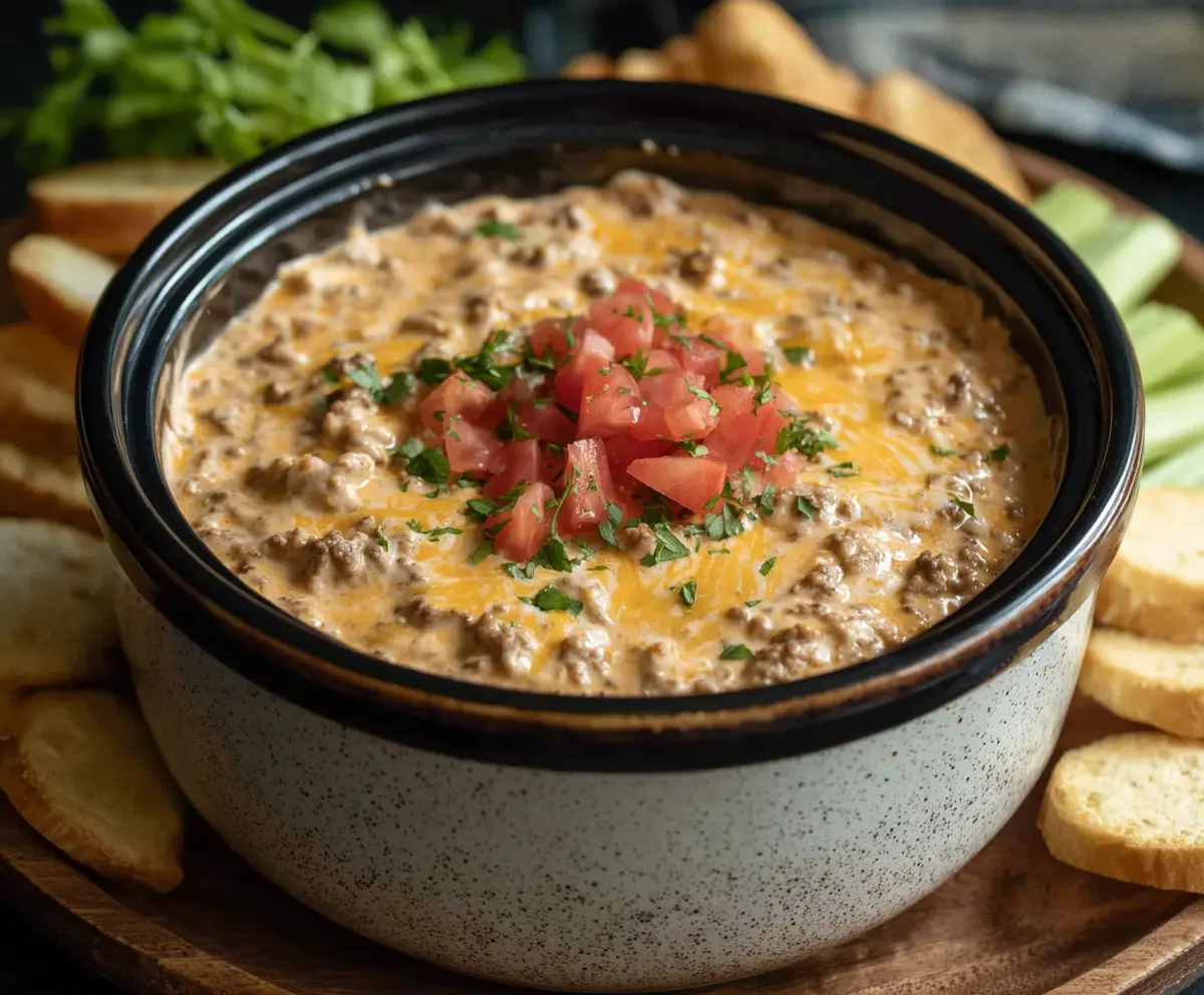 Creamy crock pot cheeseburger dip topped with melted cheese and fresh toppings.