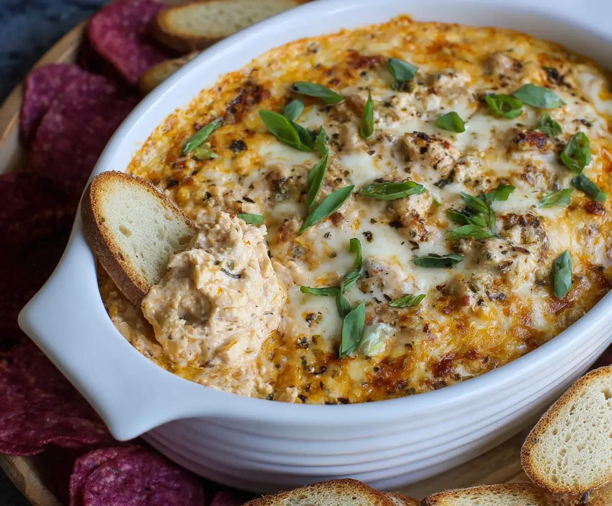 Delicious Crockpot Marry Me Chicken Dip served with fresh herbs and bread for a crowd-pleasing appetizer.