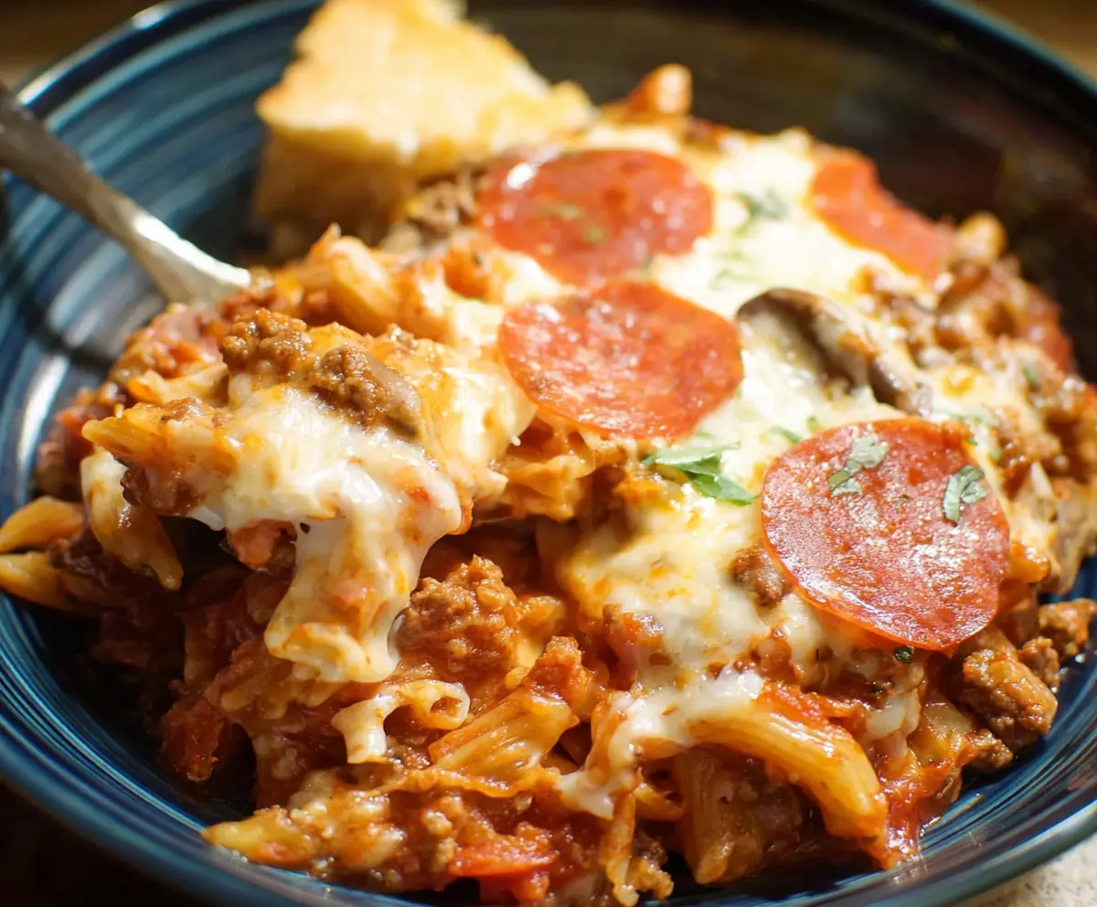 Delicious Crockpot Pizza Casserole with melted cheese, pepperoni, and fresh vegetables in a slow cooker.