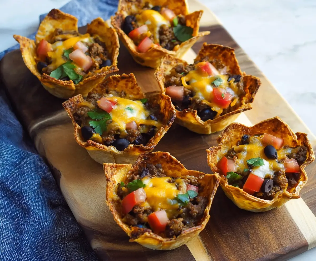Bowl of crispy nacho cups filled with melted cheese and topped with jalapenos and sour cream.