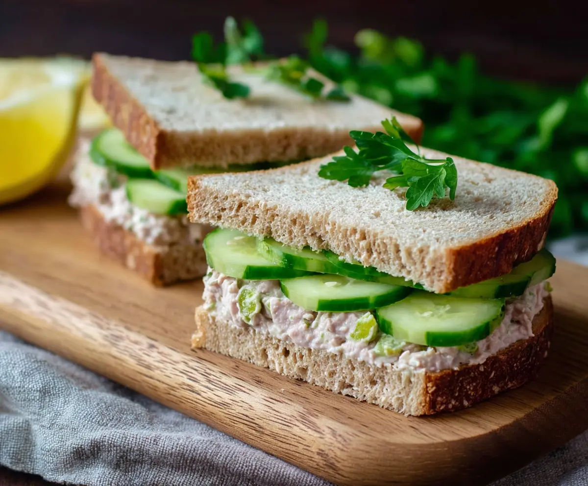 Delicious cucumber tuna sandwich on a plate, perfect for a light lunch.