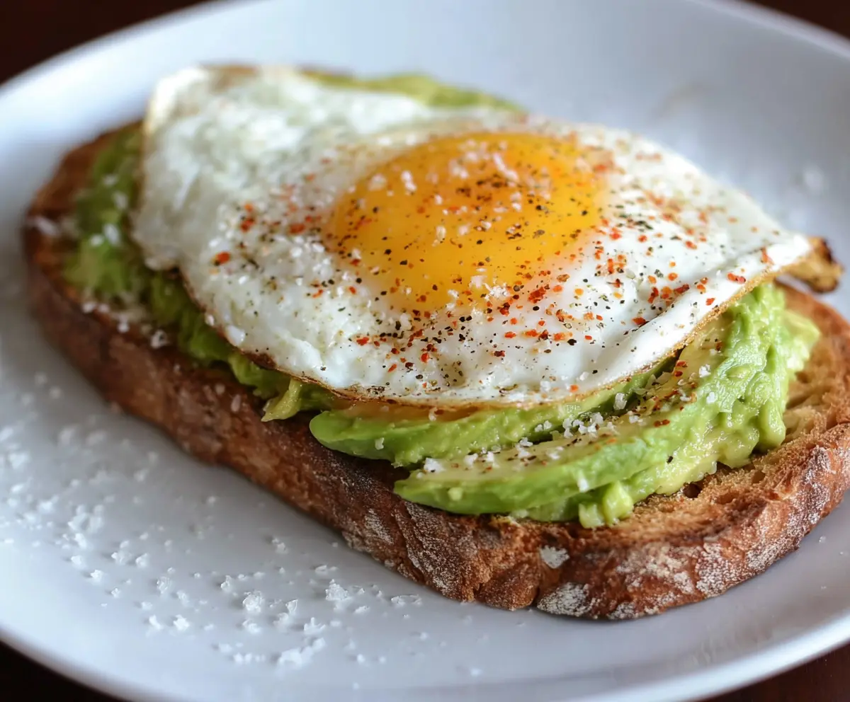 Delicious egg and avocado toast topped with fresh herbs on a white plate