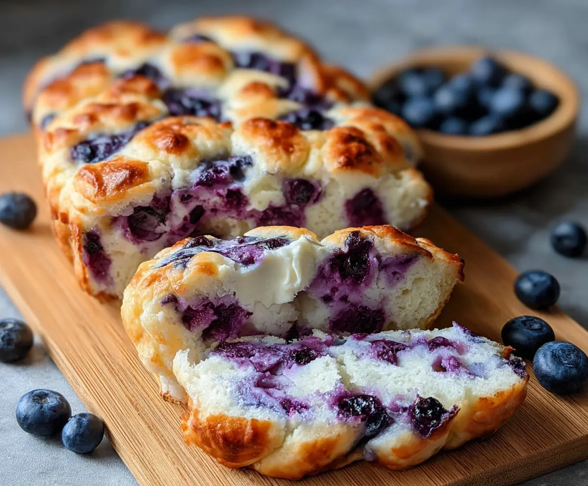 Delicious fluffy cottage cheese blueberry cloud bread on a plate, perfect for breakfast or snack.