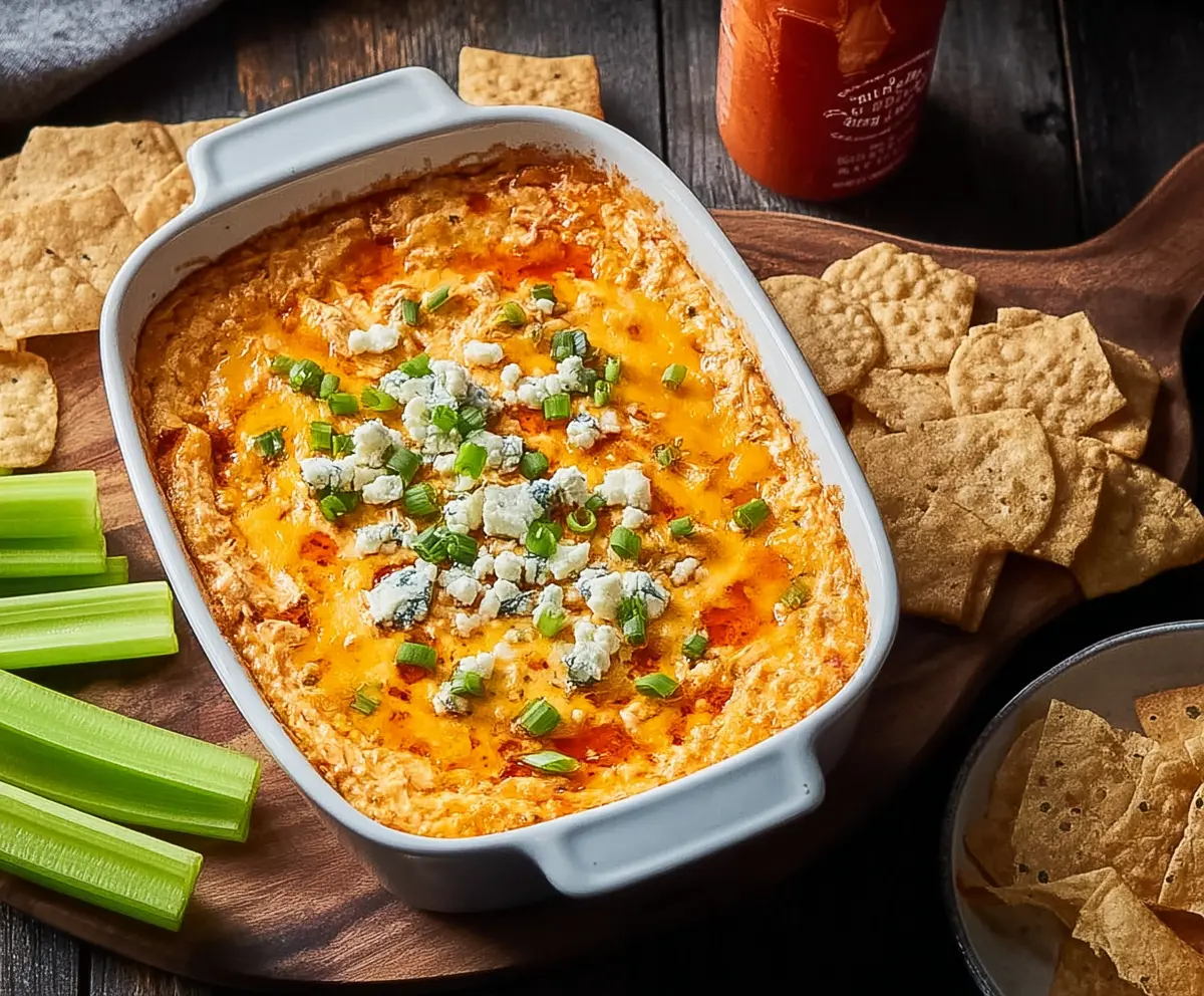 Creamy Frank's Red Hot Buffalo Chicken Dip with melted cheese and spicy sauce on a serving plate.