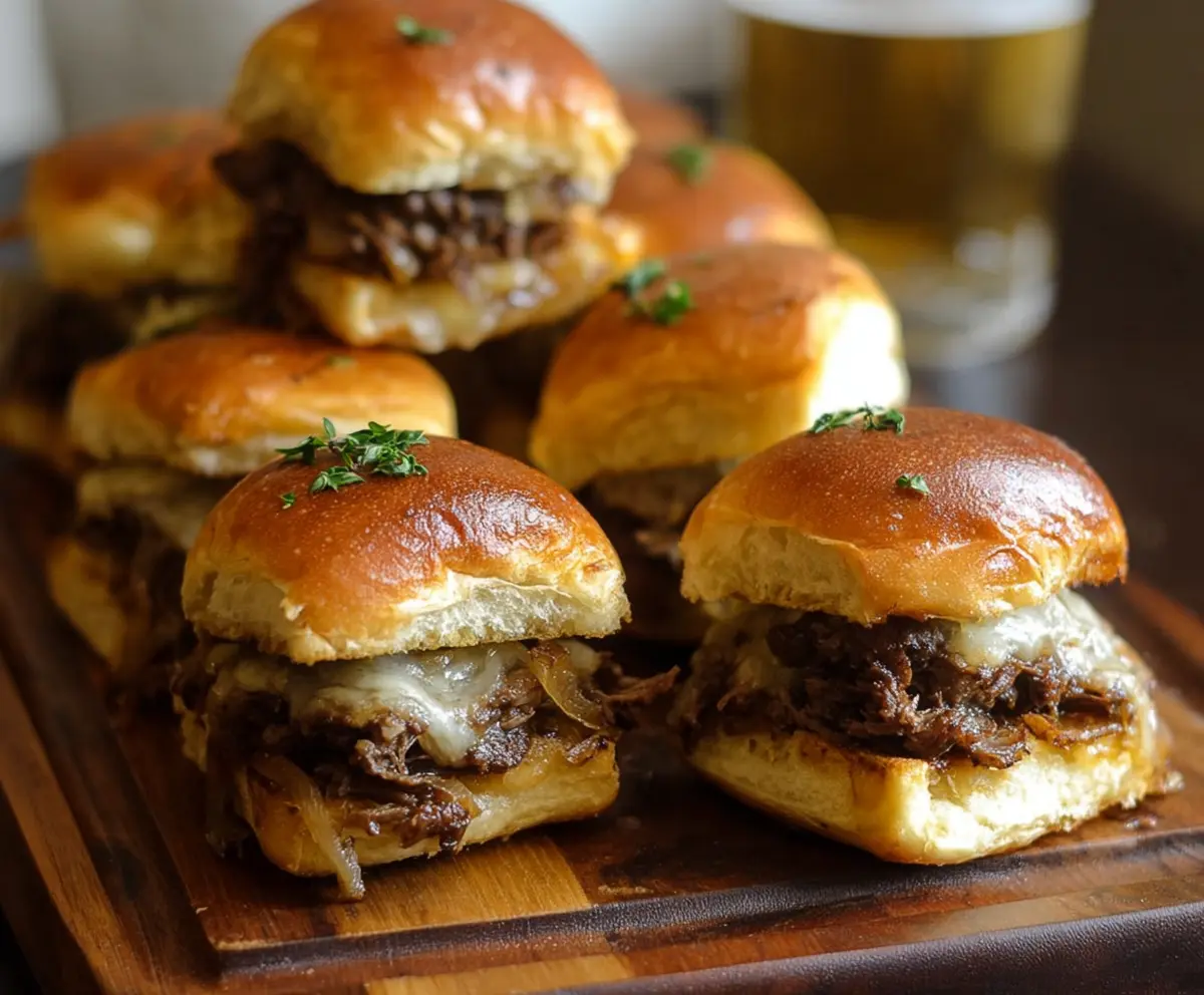 Delicious French Onion Beef Sliders stacked with caramelized onions and melted cheese