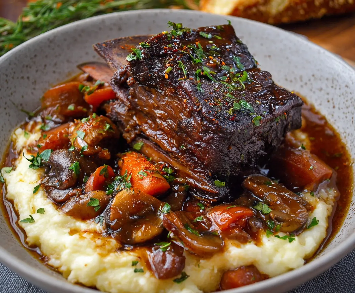 Delicious French style braised short ribs served with tender meat and rich sauce on a rustic plate.