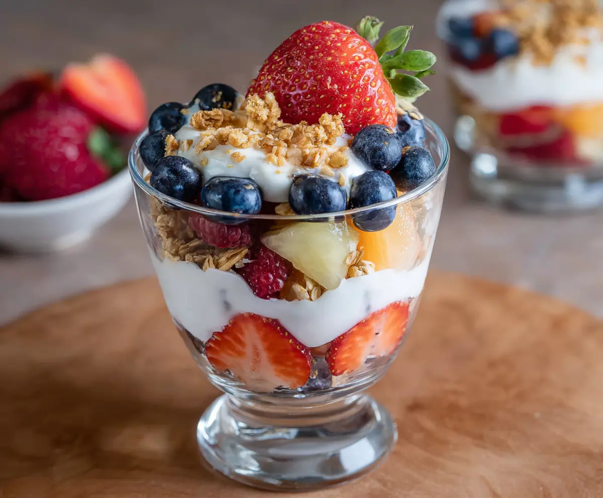 Healthy fruit and yogurt parfait with fresh berries and granola in a clear glass