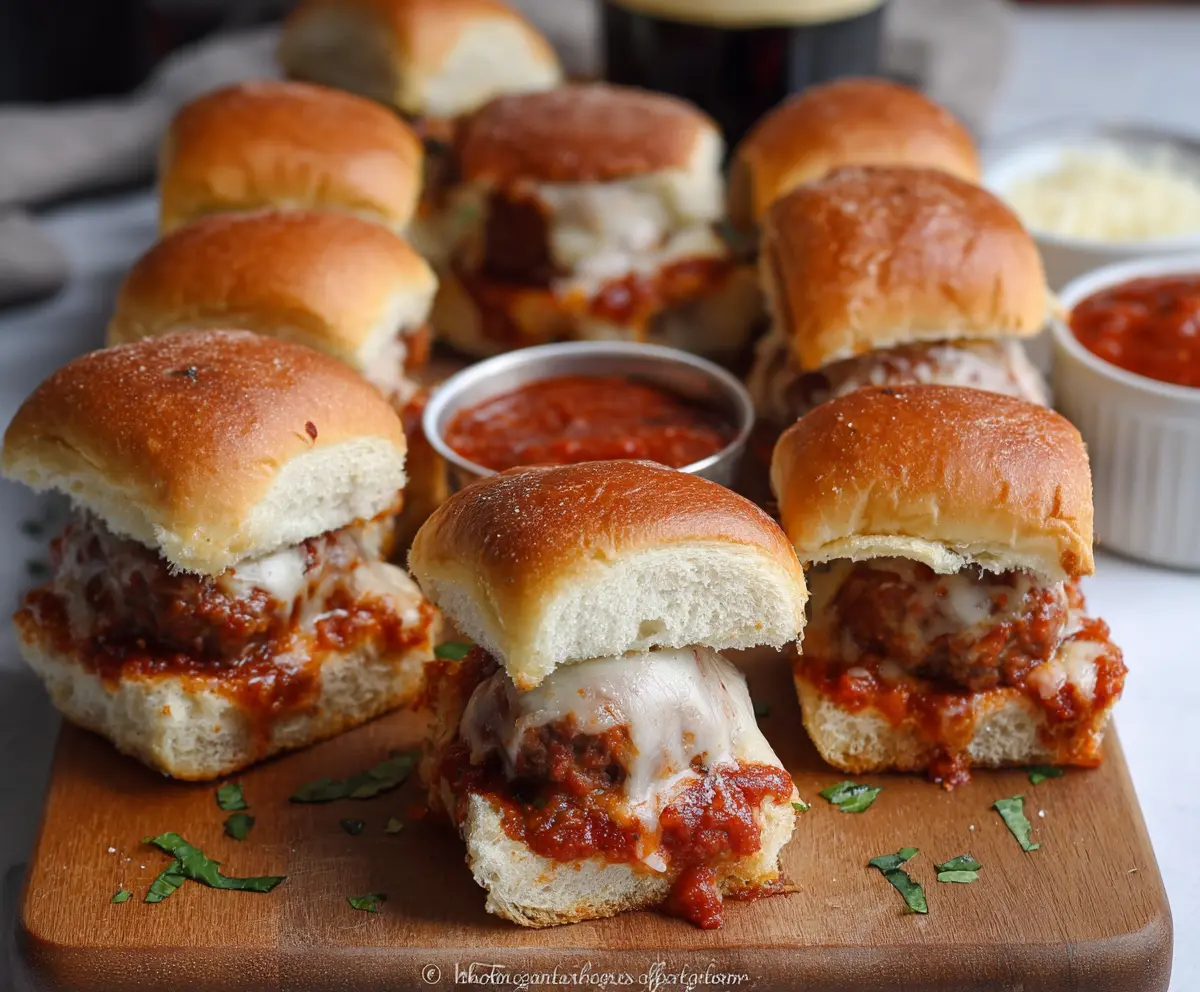 Delicious Game Day Meatball Sliders with melted cheese and flavorful sauce on a serving platter.