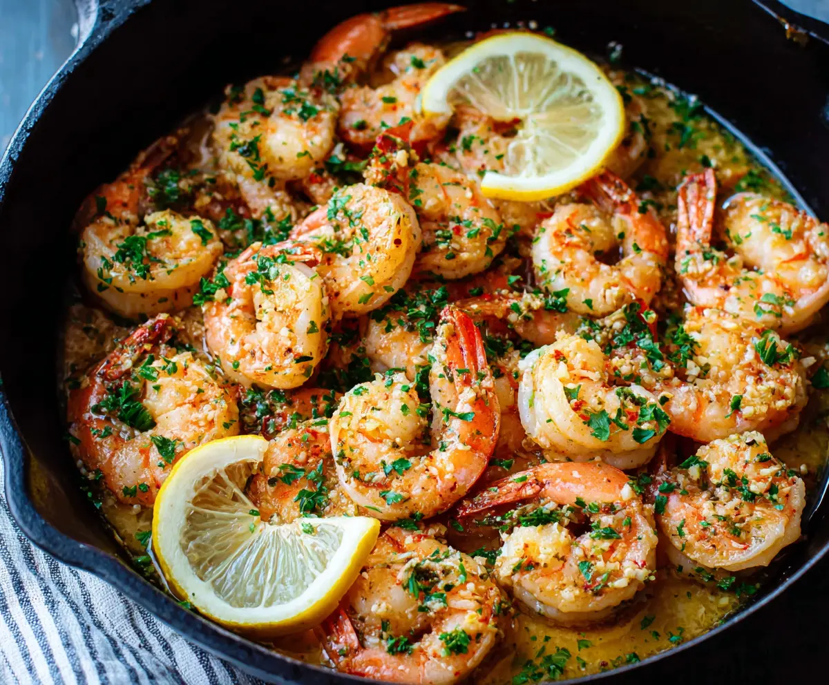 Delicious garlic butter lemon shrimp served on a plate with fresh herbs