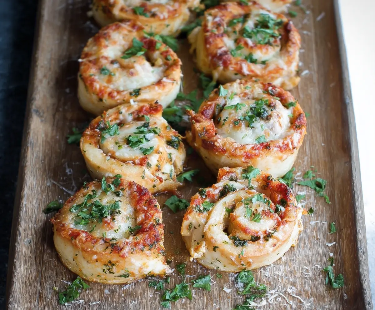 Delicious garlic Parmesan chicken pinwheels served hot on a plate, showcasing crispy golden layers and melted cheese.