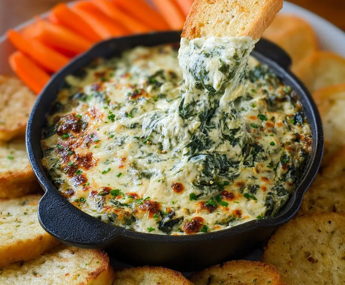 Creamy garlic Parmesan spinach dip served in a bowl, perfect for parties and appetizers.