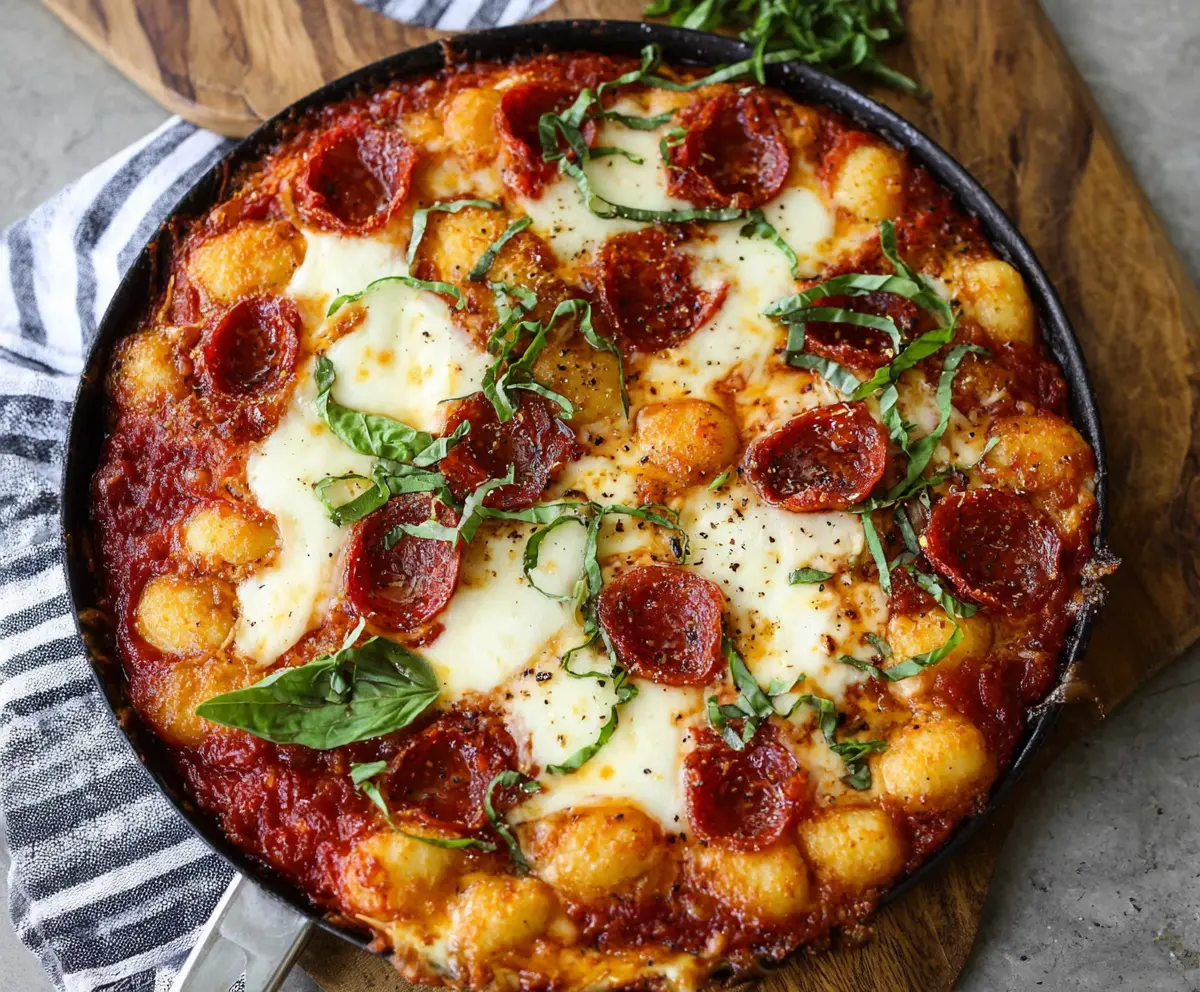 Delicious gnocchi pizza topped with cheese and fresh herbs, served hot and ready to eat.