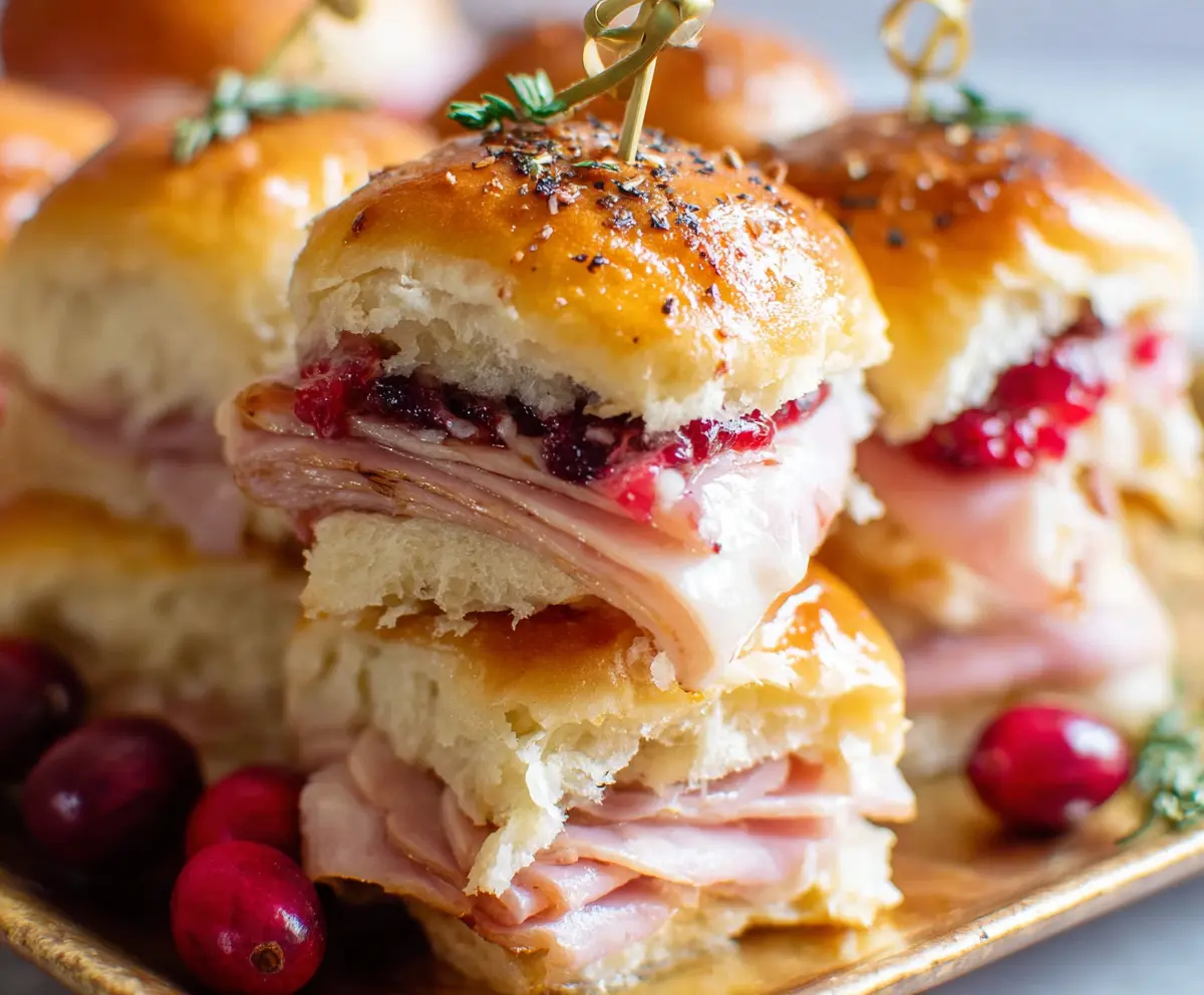 Delicious ham and cranberry sliders served on a platter, perfect for parties and gatherings